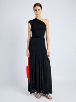Proenza Schouler Front full length image of model wearing Cora Dress in Pleated Crepe Chiffon in BLACK