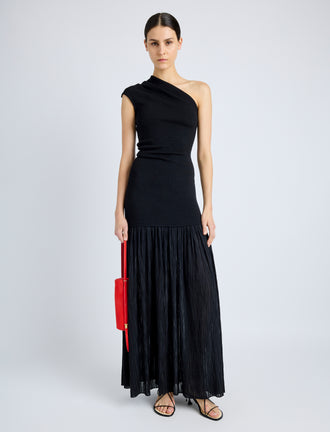 Proenza Schouler Front full length image of model wearing Cora Dress in Pleated Crepe Chiffon in BLACK