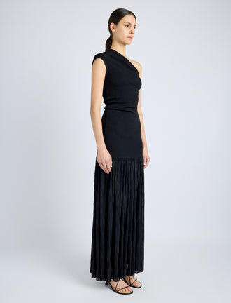 Proenza Schouler Side full length image of model wearing Cora Dress in Pleated Crepe Chiffon in BLACK