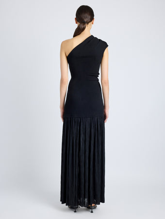 Proenza Schouler Back full length image of model wearing Cora Dress in Pleated Crepe Chiffon in BLACK
