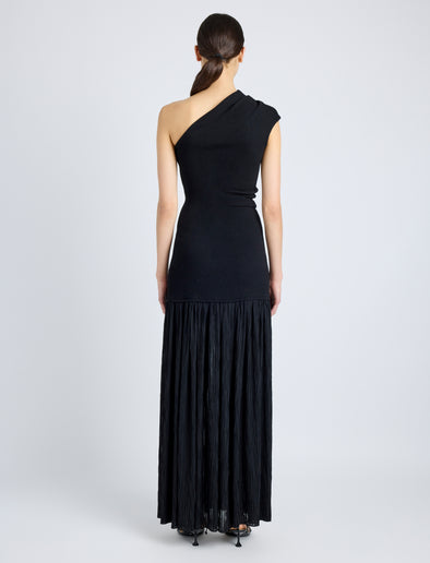 Proenza Schouler Back full length image of model wearing Cora Dress in Pleated Crepe Chiffon in BLACK
