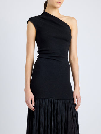 Proenza Schouler Detail image of model wearing Cora Dress in Pleated Crepe Chiffon in BLACK