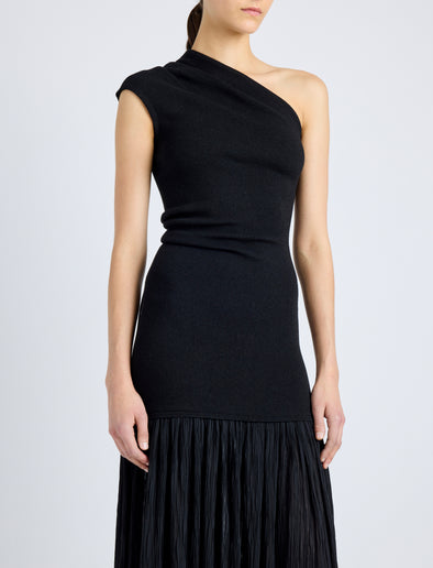 Proenza Schouler Detail image of model wearing Cora Dress in Pleated Crepe Chiffon in BLACK