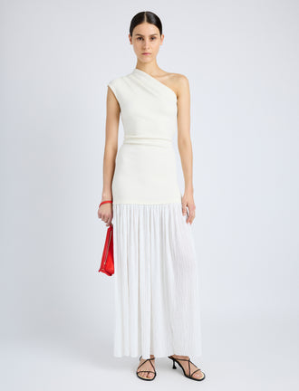 Proenza Schouler Front full length image of model wearing Cora Dress in Pleated Crepe Chiffon in IVORY