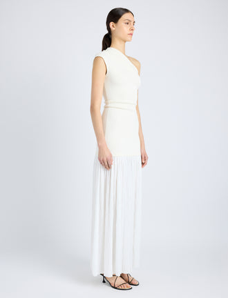 Proenza Schouler Side full length image of model wearing Cora Dress in Pleated Crepe Chiffon in IVORY