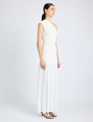 Proenza Schouler Side full length image of model wearing Cora Dress in Pleated Crepe Chiffon in IVORY