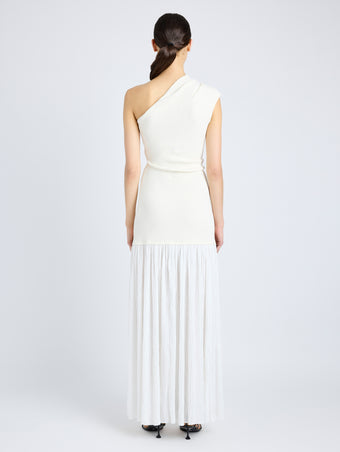 Proenza Schouler Back full length image of model wearing Cora Dress in Pleated Crepe Chiffon in IVORY