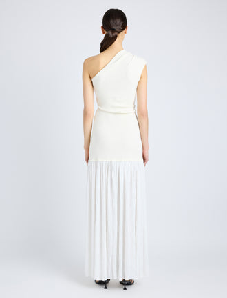 Proenza Schouler Back full length image of model wearing Cora Dress in Pleated Crepe Chiffon in IVORY