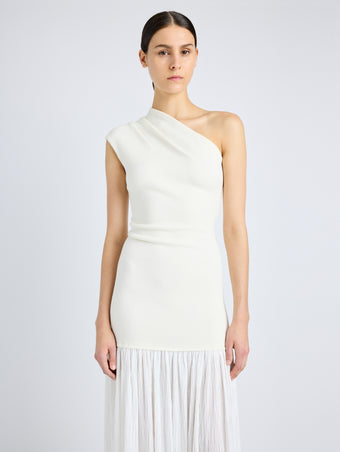 Proenza Schouler Detail image of model wearing Cora Dress in Pleated Crepe Chiffon in IVORY
