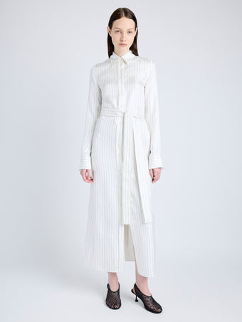 Proenza Schouler Front full length image of model wearing Hannah Dress in Stripe Silk Twill in IVORY MULTI