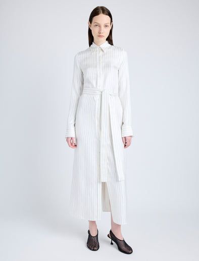 Proenza Schouler Front full length image of model wearing Hannah Dress in Stripe Silk Twill in IVORY MULTI