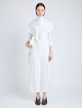 Proenza Schouler Front full length image of model wearing Hannah Dress in Stripe Silk Twill in IVORY MULTI