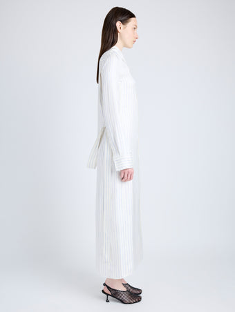 Proenza Schouler Side full length image of model wearing Hannah Dress in Stripe Silk Twill in IVORY MULTI
