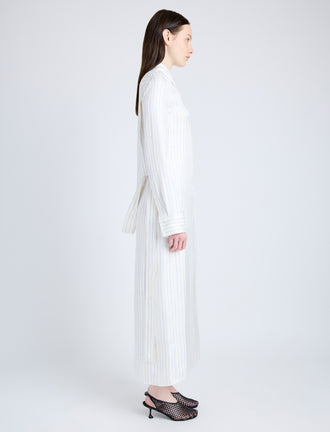 Proenza Schouler Side full length image of model wearing Hannah Dress in Stripe Silk Twill in IVORY MULTI