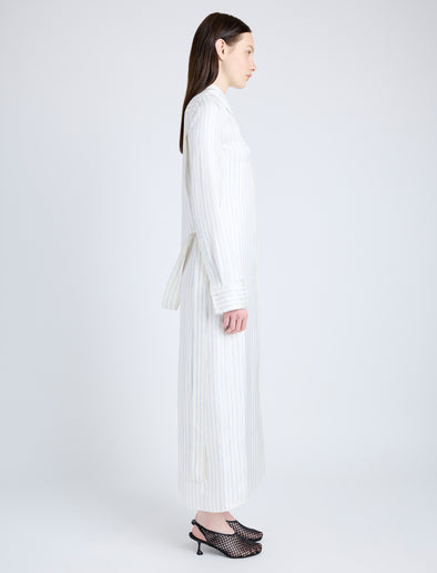 Proenza Schouler Side full length image of model wearing Hannah Dress in Stripe Silk Twill in IVORY MULTI