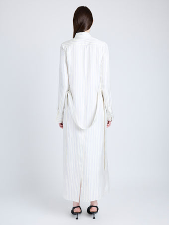 Proenza Schouler Back full length image of model wearing Hannah Dress in Stripe Silk Twill in IVORY MULTI