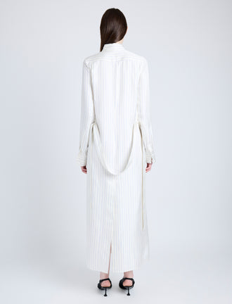 Proenza Schouler Back full length image of model wearing Hannah Dress in Stripe Silk Twill in IVORY MULTI