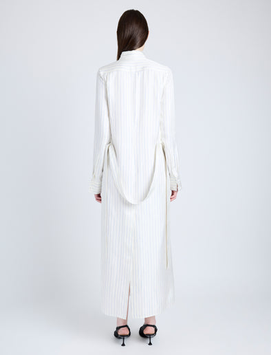 Proenza Schouler Back full length image of model wearing Hannah Dress in Stripe Silk Twill in IVORY MULTI