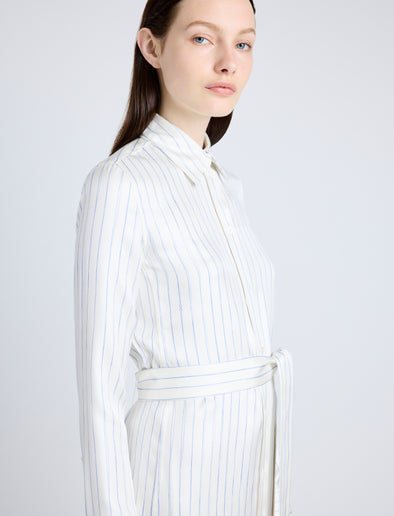 Proenza Schouler Detail image of model wearing Hannah Dress in Stripe Silk Twill in IVORY MULTI