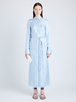 Proenza Schouler Front full length image of model wearing Hannah Dress in Stripe Silk Twill in PALE BLUE MULTI