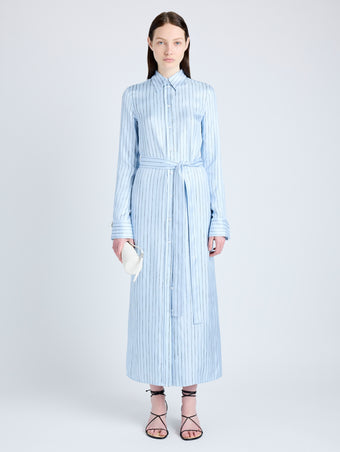 Proenza Schouler Front full length image of model wearing Hannah Dress in Stripe Silk Twill in PALE BLUE MULTI