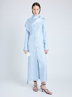 Proenza Schouler Front full length image of model wearing Hannah Dress in Stripe Silk Twill in PALE BLUE MULTI