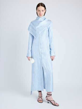 Proenza Schouler Front full length image of model wearing Hannah Dress in Stripe Silk Twill in PALE BLUE MULTI