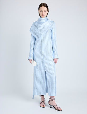 Proenza Schouler Front full length image of model wearing Hannah Dress in Stripe Silk Twill in PALE BLUE MULTI