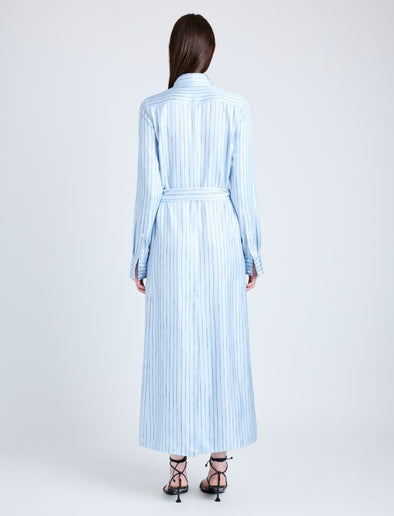 Proenza Schouler Back full length image of model wearing Hannah Dress in Stripe Silk Twill in PALE BLUE MULTI
