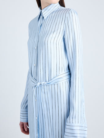 Proenza Schouler Detail image of model wearing Hannah Dress in Stripe Silk Twill in PALE BLUE MULTI
