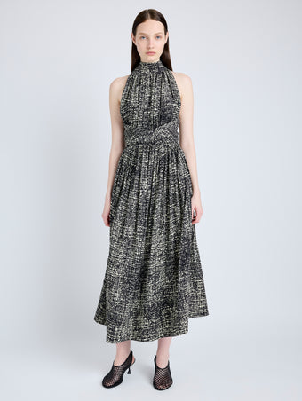 Proenza Schouler Front full length image of model wearing Lola Dress in Printed Viscose Crepe in BLACK MULTI