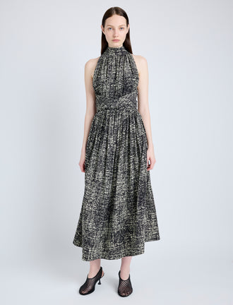 Proenza Schouler Front full length image of model wearing Lola Dress in Printed Viscose Crepe in BLACK MULTI
