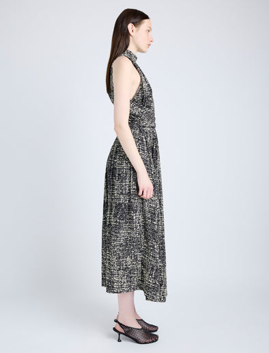 Proenza Schouler Side full length image of model wearing Lola Dress in Printed Viscose Crepe in BLACK MULTI