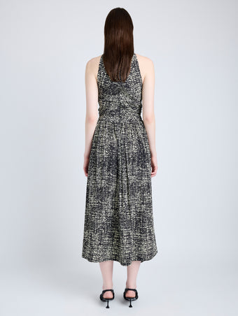 Proenza Schouler Back full length image of model wearing Lola Dress in Printed Viscose Crepe in BLACK MULTI