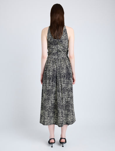 Proenza Schouler Back full length image of model wearing Lola Dress in Printed Viscose Crepe in BLACK MULTI