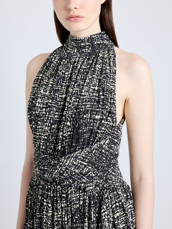 Proenza Schouler Detail image of model wearing Lola Dress in Printed Viscose Crepe in BLACK MULTI