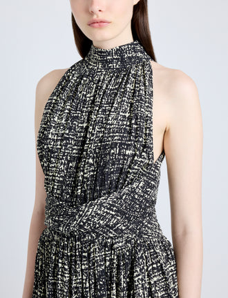 Proenza Schouler Detail image of model wearing Lola Dress in Printed Viscose Crepe in BLACK MULTI
