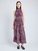 Proenza Schouler Front full length image of model wearing Lola Dress in Printed Viscose Crepe in OXBLOOD MULTI