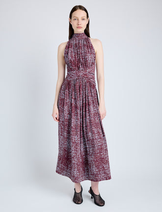Proenza Schouler Front full length image of model wearing Lola Dress in Printed Viscose Crepe in OXBLOOD MULTI