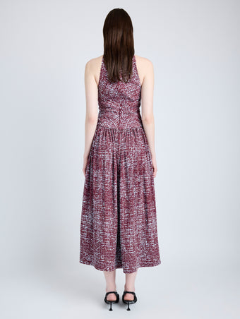 Proenza Schouler Back full length image of model wearing Lola Dress in Printed Viscose Crepe in OXBLOOD MULTI