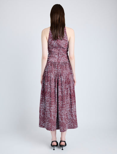 Proenza Schouler Back full length image of model wearing Lola Dress in Printed Viscose Crepe in OXBLOOD MULTI