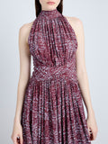 Proenza Schouler Detail image of model wearing Lola Dress in Printed Viscose Crepe in OXBLOOD MULTI