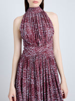 Proenza Schouler Detail image of model wearing Lola Dress in Printed Viscose Crepe in OXBLOOD MULTI