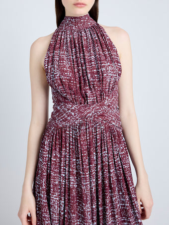 Proenza Schouler Detail image of model wearing Lola Dress in Printed Viscose Crepe in OXBLOOD MULTI
