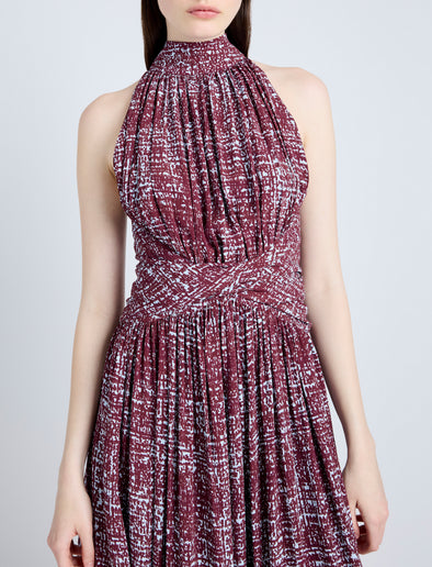 Proenza Schouler Detail image of model wearing Lola Dress in Printed Viscose Crepe in OXBLOOD MULTI