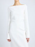 Proenza Schouler detail image of model wearing Yara Dress In Bi-Stretch Suiting in OFF WHITE