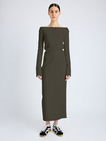 Proenza Schouler Front Full Length On Model image of  Yara Dress In Bi-Stretch Suiting in Earth