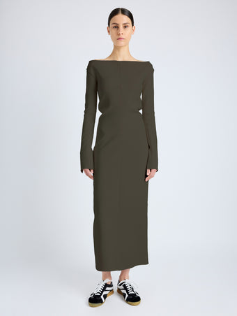 Proenza Schouler Front Full Length On Model image of  Yara Dress In Bi-Stretch Suiting in Earth
