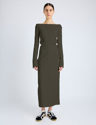 Proenza Schouler Front Full Length On Model image of  Yara Dress In Bi-Stretch Suiting in Earth