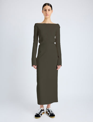 Proenza Schouler Front Full Length On Model image of  Yara Dress In Bi-Stretch Suiting in Earth